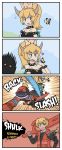  1girl 4koma ayyk92 blonde_hair blue_eyes bowsette bug butterfly comic commentary earrings fang heart highres insect jewelry mario_(series) monado new_super_mario_bros._u_deluxe parody shulk spiked_shell super_crown super_smash_bros. super_smash_bros._ultimate sword weapon xenoblade_(series) xenoblade_1 