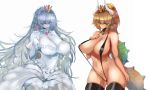  2girls blonde_hair blue_eyes bowsette breasts cleavage dress earrings gond horns jewelry large_breasts long_hair mario_(series) monster_girl multiple_girls new_super_mario_bros._u_deluxe nintendo pointy_ears ponytail princess_king_boo red_eyes simple_background sling_bikini super_crown tail tongue tongue_out white_background white_dress white_hair white_skin 