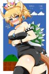  1girl ?_block areola_slip areolae arm_under_breasts artist_request ass bare_shoulders blonde_hair blue_eyes blush bowsette bracelet breasts cleavage cloud collar crown earrings erect_nipples eyebrows_visible_through_hair fang flying_sweatdrops heart heart-shaped_pupils horns jewelry large_breasts looking_at_viewer mario_(series) monster_girl nintendo no_bra pointy_ears ponytail shell short_hair sky solo spiked_bracelet spiked_collar spiked_shell spikes standing strapless super_crown super_mario_bros. sweat sweatdrop symbol-shaped_pupils tail text_focus thighhighs tsurime wavy_mouth 