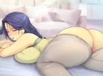  1girl ass bare_arms bare_shoulders blue_eyes blue_hair blush breast_press breasts censored couch curvy earrings groin highres hips huge_ass huge_breasts indoors jewelry legs long_hair looking_back lying mole mole_under_mouth mosaic_censoring netori_musou_life_&quot;100_netori_haramase_no_sainou!&quot; no_panties on_stomach original parted_lips pussy shiny shiny_skin solo strapless thick_thighs thighs torn_clothes wide_hips yoko_juusuke 