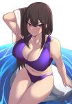  arm_behind_head arm_up bangs bare_shoulders bikini black_hair blush breasts cleavage closed_mouth collarbone earrings eyelashes hips jewelry k_jin large_breasts long_hair looking_at_viewer mole mole_under_eye navel original purple_bikini purple_eyes rock simple_background sitting smile solo swimsuit thighs towel water white_background 