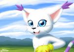  2018 anthro black_nose blue_eyes clothed clothing cloud day detailed_background digimon digital_media_(artwork) fangs feline female flat_chested fur gatomon gloves grass happy looking_at_viewer mammal milesnukem mountain multicolored_fur nipples open_mouth outside sky smile standing tongue tusks whiskers white_fur 