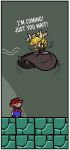  1girl arms_up black_dress blonde_hair bowsette brick dress english floating hat high_heels horns ian_samson long_hair looking_at_another looking_up mario mario_(series) new_super_mario_bros._u_deluxe open_mouth overalls ponytail red_hat spiked_shell struggling super_crown super_mario_bros._3 