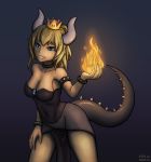  absurdres artist_name bad_anatomy bare_legs black_collar black_dress blonde_hair blue_eyes borrowed_design bowsette bracelet breasts cleavage collar collarbone covered_navel cowboy_shot crown dark dated dragon_horns dragon_tail dress fingernails fire half-closed_eyes hand_on_own_thigh hand_up highres holding_flame horns jewelry klifflod leaning_forward long_hair looking_at_viewer mario_(series) medium_breasts new_super_mario_bros._u_deluxe ponytail princess pyrokinesis see-through self_upload sharp_fingernails sharp_teeth sideboob slit_pupils solo spiked_armlet spiked_bracelet spiked_collar spiked_tail spikes strapless strapless_dress super_crown tail tail_raised teeth vignetting 