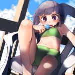  1girl blush eating eyebrows_visible_through_hair female food kantai_collection lavender_hair midriff navel ooshio_(kantai_collection) open_mouth popsicle purple_eyes solo teeth twintails zhui 