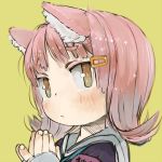  animal_ears armband bangs blush closed_mouth commentary_request ebimomo eyebrows_visible_through_hair fingernails hair_ornament hairclip hands_up looking_at_viewer lowres original pink_hair portrait short_hair simple_background solo yellow_background 