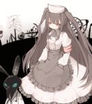  abstract_background alternate_color apron armband bags_under_eyes bunny commentary_request grey_hair hands_in_pockets hat highres long_hair minai_karte naruwe nurse nurse_cap pink_eyes two_side_up virtual_clinic virtual_youtuber 