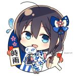  ahoge artist_name blue_eyes blush braid character_name chibi fan fish goldfish highres japanese_clothes kantai_collection kimono shigure_(kantai_collection) single_braid smile solo twitter_username yukichi_(eikichi) 