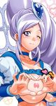  aono_miki blue_choker breasts choker cure_berry earrings eyelashes fresh_precure! hair_ornament heart heart_hair_ornament heart_hands jewelry kousaka_jun large_breasts magical_girl nipples one_eye_closed open_clothes open_shirt precure purple_eyes purple_hair shirt smile solo 