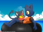  ambiguous_gender anthro blush cat clothed clothing crossover duo feline female fully_clothed inner_tube litten mae_(nitw) mammal night_in_the_woods nintendo outside pok&eacute;mon pok&eacute;mon_(species) video_games water winick-lim 