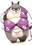  2018 anthro balls belly big_balls canine clothing flaccid hachiemon inuyasha male mammal moobs nipples overweight overweight_male penis robe sigenoya simple_background solo tanuki white_background 