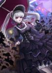  absurdres bangs black_dress blunt_bangs blurry blurry_background bonnet breasts dated dress dungeon_and_fighter frills highres jeong_siot lolita_fashion long_hair looking_at_viewer medium_breasts over_shoulder parasol red_eyes silver_luster_tagore twintails umbrella white_hair wide_sleeves 