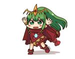  arms_up artist_name bracelet chibi chiki cloak commentary_request fire_emblem fire_emblem:_monshou_no_nazo fire_emblem_heroes green_eyes green_hair jewelry long_hair mamkute open_mouth ponytail simple_background sksk7r solo stone white_background 