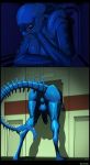  alien alien_(franchise) backsack balls breasts butt erection eyeless herm humanoid intersex nude pussy shintori smile solo through_wall xenomorph 