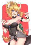  armlet armpits artist_name bangs bare_shoulders black_collar black_leotard black_nails blonde_hair blue_eyes bowsette bracelet breasts brooch cleavage cokio collar collarbone commentary_request covered_navel cowboy_shot cropped_legs crown earrings eyebrows eyebrows_visible_through_hair fingernails hands_up highleg highleg_leotard highres horns jewelry large_breasts legs leotard long_hair looking_at_viewer mario_(series) nail_polish new_super_mario_bros._u_deluxe open_mouth palms paw_pose ponytail sharp_fingernails sharp_teeth shell sidelocks skindentation solo spiked_bracelet spiked_collar spiked_shell spiked_tail spikes standing strapless strapless_leotard super_crown tail teeth turtle_shell two-tone_background v-shaped_eyebrows 