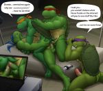  2018 anal anal_penetration anthro anus balls brothers butt camera_view dialogue digital_media_(artwork) donatello_(tmnt) double_anal double_penetration english_text erection group group_sex humanoid_penis incest leonardo_(tmnt) male male/male michelangelo_(tmnt) muscular nude open_mouth penetration penis raphael_(tmnt) recording reptile scalie sex shell sibling smile stonecircle_(artist) teenage_mutant_ninja_turtles text threesome turtle 