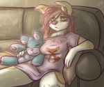  anthro breasts canid canine canis clothing dimmi_(character) dimwitdog dog female green_eyes hair mammal pillow plushie shirt sofa solo tired 