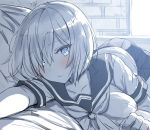  bangs bed bed_sheet blue_eyes blush breasts brick_wall collarbone commentary_request eyebrows_visible_through_hair hair_between_eyes hair_ornament hair_over_one_eye hairclip hamakaze_(kantai_collection) indoors kantai_collection large_breasts lolicept looking_at_viewer lying monochrome neckerchief on_stomach pantyhose parted_lips pleated_skirt sailor_collar school_uniform serafuku shirt short_hair short_sleeves silver_hair skirt window 