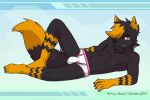  anthro black_fur black_tail bulge canid canine canis clothing coyote fur looking_at_viewer lying male mammal multicolored_tail navel nipples one_eye_covered raxkiyamato saberleo_(character) smile smirk solo underwear yellow_eyes yellow_tail 