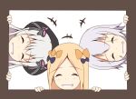 3girls ^_^ abigail_williams_(fate/grand_order) bangs beret black_bow black_hat blonde_hair blush bow closed_eyes commentary_request eyebrows_visible_through_hair facial_scar facing_viewer fate/extra fate/grand_order fate_(series) forehead grin hair_between_eyes hair_bow hat highres jack_the_ripper_(fate/apocrypha) long_hair mitchi multiple_girls nursery_rhyme_(fate/extra) orange_bow parted_bangs purple_bow scar scar_across_eye scar_on_cheek silver_hair smile striped striped_bow white_background 
