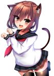  anchor_symbol animal_ears black_legwear black_skirt blush brown_hair cat_ears cat_tail commentary_request eyebrows_visible_through_hair fang hair_between_eyes hair_ornament hairclip highres ikazuchi_(kantai_collection) kantai_collection kemonomimi_mode long_sleeves looking_at_viewer miniskirt neckerchief open_mouth paw_pose red_neckwear ricroot school_uniform serafuku short_hair simple_background skirt smile solo tail thighhighs white_background 