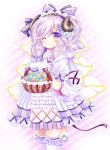  ;) basket blush bow candy commentary_request cowboy_shot curled_horns diagonal-striped_background diagonal_stripes dress food frilled_legwear gloves hair_bow holding holding_basket horns konpeitou long_hair one_eye_closed original pleated_dress puffy_short_sleeves puffy_sleeves purple_bow purple_dress purple_eyes purple_hair red_bow shikito short_sleeves smile solo standing star striped striped_background thighhighs veil very_long_hair white_gloves white_legwear 