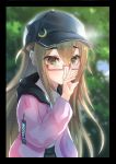  bangs baseball_cap black_hat black_skirt blurry blurry_background brown_eyes brown_hair closed_mouth commentary_request crescent crescent_moon_pin day depth_of_field eyebrows_visible_through_hair hair_between_eyes hamalu hand_up hat hat_pin highres hood hood_down hooded_jacket jacket kantai_collection long_hair long_sleeves looking_at_viewer mochizuki_(kantai_collection) open_clothes open_jacket outdoors pink_jacket puffy_long_sleeves puffy_sleeves red-framed_eyewear semi-rimless_eyewear skirt solo under-rim_eyewear very_long_hair 