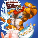  ! 2018 5_fingers anthro anthro_on_anthro armpit_hair biceps blazingcheecks blue_background blue_nipples blue_nose body_hair cereal chest_hair cum cum_in_ass cum_inside cumshot duo ejaculation english_text excessive_cum facial_hair feline flexing food frosted_flakes glans hairy humanoid_penis interspecies lagomorph long_ears looking_at_viewer male male/male mammal milk multicolored_penis muscular muscular_male nipples orgasm pecs penis rabbit scarf simple_background solo_focus text tiger tony_the_tiger yellow_sclera 