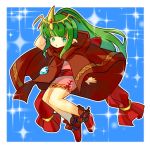  arm_behind_head blue_background chiki cloak commentary_request dress fire_emblem fire_emblem:_monshou_no_nazo fire_emblem_heroes full_body green_eyes green_hair hood hood_down iwana_toshiki long_hair mamkute pink_dress pointy_ears ponytail short_dress simple_background solo stone tiara 