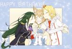  2boys animal_ears arm_behind_back bare_shoulders birthday blonde_hair blue_bow blush bow brown_hair cat_ears choker closed_eyes closed_mouth crown crusch_karsten detached_sleeves double-breasted epaulettes facing_another fang felix_argyle fourier_rugnica frills fur_trim green_hair hair_bow happy_birthday holding_hands interlocked_fingers long_hair long_sleeves low-tied_long_hair multiple_boys nranta open_mouth outside_border re:zero_kara_hajimeru_isekai_seikatsu sandwiched short_hair smile striped striped_bow thick_eyebrows uniform very_long_hair white_bow 