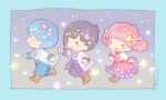  2boys :d aoi_shouta asymmetrical_hair black_hair blue_hair blush_stickers boots bow hair_bow kiki_(little_twin_stars) lala_(little_twin_stars) little_twin_stars multiple_boys open_mouth pink_hair pota_(bluegutty) running seiyuu smile star twintails twitter_username 