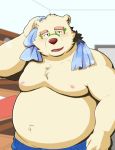  2018 anthro bear belly blush clothing eyewear glasses humanoid_hands kumaura721 male mammal moobs navel nipples overweight overweight_male polar_bear rave_(housamo) solo tokyo_afterschool_summoners towel underwear 