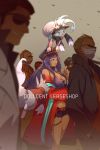 5boys animal_ear_fluff animal_ears bare_shoulders breasts cis05 cleavage commentary_request dark_skin dollar-cent_shop ears_through_headwear eyeliner fate/grand_order fate_(series) green_eyes hat jacket large_breasts long_hair makeup miniskirt multiple_boys off_shoulder open_mouth purple_hair queen_of_sheba_(fate/grand_order) skirt smile sunglasses yakuza 