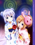  absurdres blue_eyes blue_hair candy_apple food gochuumon_wa_usagi_desu_ka? hair_bun hair_ornament highres holding holding_food hoto_cocoa japanese_clothes kafuu_chino kimono magazine_scan mask mask_on_head megami_deluxe multiple_girls obi official_art ogawa_akane open_mouth orange_hair purple_eyes sash scan smile v white_background yukata 