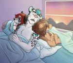  anthro bed bed_sheet bedding bedroom biped chest_tuft english_text feline group jackaloo leopard male mammal naughty-nebula open_mouth pillow signature sleeping snow_leopard sunrise teeth text tongue tuft unknown_character unknown_species victory_(texdot) whiskers 
