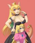  :3 :d armlet black_dress black_nails blonde_hair blue_eyes bowsette bracelet breast_rest breasts breasts_on_head cleavage collar cristalavi crown dress earrings fang gem gloves hair_between_eyes hair_down hand_on_hip highres horns jewelry large_breasts long_hair looking_at_viewer mario_(series) multiple_girls nail_polish new_super_mario_bros._u_deluxe ojou-sama_pose open_mouth pink_dress pointy_ears princess_peach puffy_short_sleeves puffy_sleeves purple_eyes red_background short_sleeves smile smug spiked_armlet spiked_bracelet spiked_collar spiked_shell spiked_tail spikes strapless strapless_dress super_crown tail tears turtle_shell white_gloves 