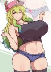  baseball_cap black_legwear blonde_hair blush breasts cleavage commentary_request cowboy_shot curvy cutoffs denim denim_shorts hat heart heterochromia highres kobayashi-san_chi_no_maidragon large_breasts long_hair midriff navel plump ponpo quetzalcoatl_(maidragon) short_shorts shorts skindentation smile solo stomach tank_top thick_thighs thighhighs thighs 