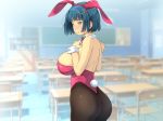 1girl animal_ears ass back bare_arms bare_back bare_shoulders blue_hair blush bow bowtie breasts bunny_ears bunny_girl bunny_tail bunnysuit chair chalkboard classroom closed_mouth cowboy_shot curvy desk fake_animal_ears fake_tail from_behind green_eyes hand_on_own_chest highres hips indoors large_breasts legs leotard looking_back netori_musou_life_&quot;100_netori_haramase_no_sainou!&quot; original pantyhose pink_leotard shiny shiny_skin short_hair shy solo standing tail thighs wide_hips wrist_cuffs yoko_juusuke 