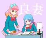  aikatsu!_(series) aikatsu_friends! bangs blue_bow blue_dress blue_hair blue_hairband blunt_bangs bow braid closed_mouth cup desk desk_lamp dress eyebrows_visible_through_hair food gradient_hair hair_bow hair_ornament hairband heart holding holding_pen lamp long_sleeves minato_mio mug multicolored_hair multiple_girls notepad orange_hair pen pink_background pink_hair pink_sailor_collar purple_hair red_bow saiko_dagashi sailor_collar sailor_dress sandwich school_uniform sidelocks smile star star_hair_ornament translated tray yellow_eyes yuuki_aine 