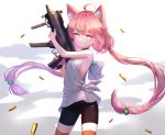  absurdres ahoge animal_ears bike_shorts blue_eyes blush cat_ears eyebrows_visible_through_hair gun hair_bobbles hair_ornament highres hinata_channel holding holding_gun holding_weapon long_hair looking_at_viewer nekomiya_hinata orange_legwear oso_5425 parted_lips pink_hair shell_casing smile solo star star-shaped_pupils symbol-shaped_pupils teeth thighhighs twintails very_long_hair weapon 