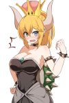  absurdres bare_shoulders blonde_hair blue_eyes blush bowsette breasts cleavage crown dress earrings eyebrows_visible_through_hair half-closed_eyes hand_on_hip highres horns jewelry looking_at_viewer mario_(series) new_super_mario_bros._u_deluxe okitsugu pointy_ears ponytail sharp_teeth shell simple_background solo spiked_shell super_crown surprised sweatdrop teeth white_background 