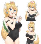  :p akanbe applepie_(12711019) bangs bare_shoulders black_leotard black_nails blonde_hair blue_eyes blush bowsette bracelet breasts breathing_fire character_sheet cleavage collar covered_navel covering_mouth crossed_arms crown earrings fire gem hair_between_eyes highres jewelry large_breasts laughing leaning_forward leotard long_hair looking_at_viewer mario_(series) multiple_views nail_polish new_super_mario_bros._u_deluxe pointy_ears ponytail sharp_teeth simple_background smug spiked_armlet spiked_bracelet spiked_collar spiked_shell spiked_tail spikes strapless strapless_leotard super_crown tail teeth tongue tongue_out turtle_shell v-shaped_eyebrows white_background 