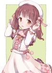  argyle beret blush bow bowtie brooch brown_eyes brown_hair commentary cowboy_shot dress eyebrows_visible_through_hair frilled_dress frills hair_ribbon hat idolmaster idolmaster_cinderella_girls idolmaster_cinderella_girls_starlight_stage jewelry long_hair long_sleeves looking_at_viewer ogata_chieri open_mouth pom_pom_(clothes) ribbon short_over_long_sleeves short_sleeves simple_background solo soto twintails 