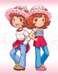  abstract_background blush commentary commission denim english_commentary food freckles hat highres j8d jeans mary_janes multiple_girls no_socks pants red_eyes red_hair shoes short_hair smile strawberry_shortcake_(copyright) strawberry_shortcake_(sbsc) t-bar_sandals 