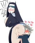  1boy 1girl ass black_clover blue_eyes blue_hair blush breasts huge_breasts jinu matching_hair/eyes mole nun simple_background sister_lily_(black_clover) white_background 