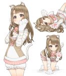  :3 all_fours animal_ears animal_print applepie_(12711019) bangs bell bloomers blunt_bangs blush bow breasts brown_eyes brown_hair cat_ears cat_paws character_sheet cleavage closed_mouth highres idolmaster idolmaster_million_live! idolmaster_million_live!_theater_days jingle_bell long_hair looking_at_viewer lying miyao_miya multiple_views on_back paw_pose paws pink_bow smile tail tiger_print tiger_tail underwear 