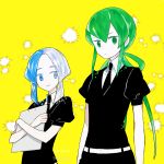  arms_at_sides belt black_neckwear black_shirt blue_eyes blue_hair clipboard closed_mouth dandelion euclase_(houseki_no_kuni) expressionless flower gem_uniform_(houseki_no_kuni) green_eyes green_hair hair_between_eyes hair_rings houseki_no_kuni jade_(houseki_no_kuni) l_hakase long_hair looking_at_viewer multicolored_hair multiple_others necktie puffy_short_sleeves puffy_sleeves shirt short_sleeves signature smile tareme twitter_username two-tone_hair uniform upper_body very_long_hair white_belt white_hair wing_collar yellow_background 
