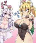  &gt;:) :p abs absurdres armlet black_leotard black_nails blonde_hair blue_eyes bowsette bracelet breasts cleavage collar collarbone commentary covered_navel crown curvy double_v dress eyebrows_visible_through_hair frilled_dress frills garter_straps gem gloves hair_between_eyes highres hips horns jewelry large_breasts leaning_forward leotard looking_at_another luigi's_mansion mario_(series) multiple_girls nail_polish new_super_mario_bros._u_deluxe pointy_ears ponytail princess_king_boo purple_eyes ranking scratching_cheek sparkle spiked_armlet spiked_bracelet spiked_collar spiked_shell spiked_tail spikes strapless strapless_leotard super_crown tail thighhighs togin tongue tongue_out turtle_shell v v-shaped_eyebrows white_dress white_gloves white_hair white_legwear 