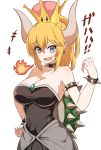  absurdres bare_shoulders blonde_hair blue_eyes blush bowsette breasts cleavage crown dress earrings eyebrows_visible_through_hair fang fire half-closed_eyes hand_on_hip highres horns jewelry looking_at_viewer mario_(series) new_super_mario_bros._u_deluxe okitsugu pointy_ears ponytail shell simple_background smile solo spiked_shell super_crown translated white_background 