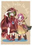  bow bracelet chiki cloak commentary dress fa facial_mark fire_emblem fire_emblem:_fuuin_no_tsurugi fire_emblem:_monshou_no_nazo fire_emblem_heroes forehead_mark green_eyes green_hair highres hood hood_up hoshigaki_(hsa16g) jewelry long_sleeves mamkute multiple_girls open_mouth pink_dress purple_hair short_dress simple_background standing stone symbol_commentary tiara 